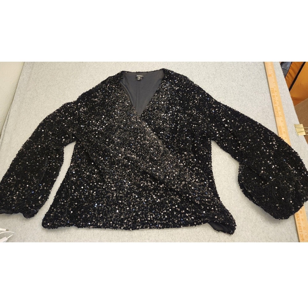 boohoo Top Womens 24 Black Sequin Wrap Surplice Balloon Sleeve Plus Size